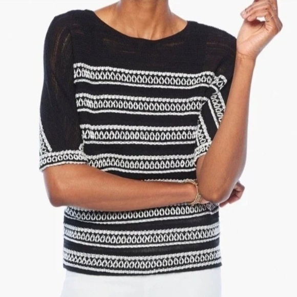 NIC+ZOE Celestial‎ Sweater Top Linen Black White size L Semi Sheer Coastal - Picture 1 of 11